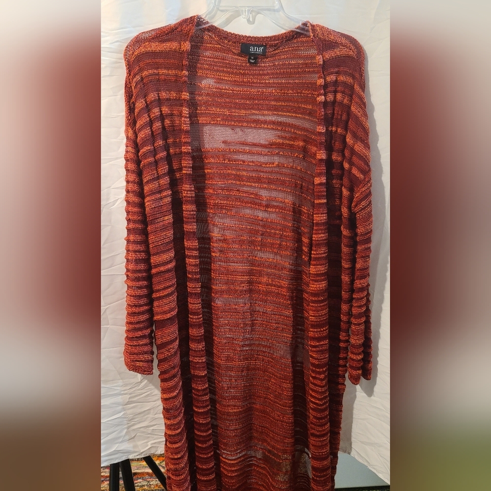 Women's Striped Open-Front Sweater - Red and Orange